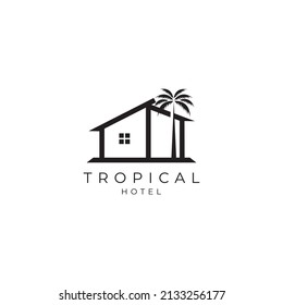 house with palm tree logo vector, tropical beach home or hotel icon design illustration