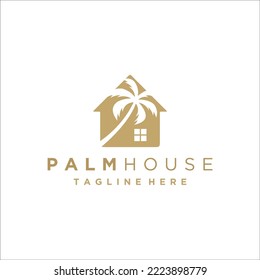 house with palm tree logo vector, tropical beach home or hotel icon design with white background illustration