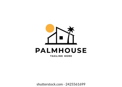 house with palm tree logo vector, tropical beach house or hotel icon design illustration in flat vector design style