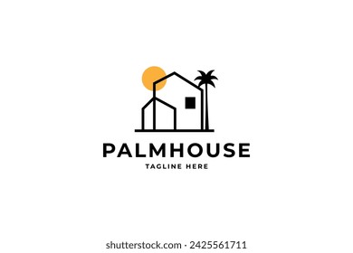 house with palm tree logo vector, tropical beach house or hotel icon design illustration