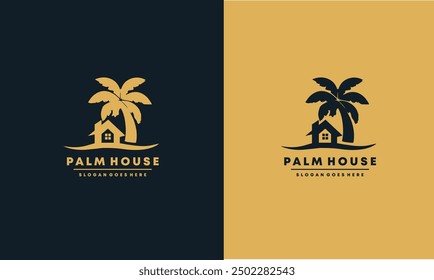 House with palm tree logo vector, tropical beach home or hotel icon design inspiration.