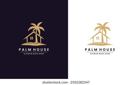 House with palm tree logo vector, tropical beach home or hotel icon design inspiration.