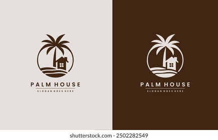 House with palm tree logo vector, tropical beach home or hotel icon design inspiration.