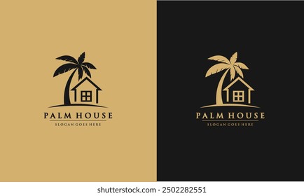 House with palm tree logo vector, tropical beach home or hotel icon design inspiration.