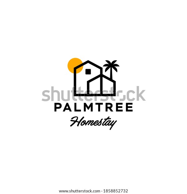 house with palm tree logo vector,\
tropical beach home or hotel icon design\
illustration