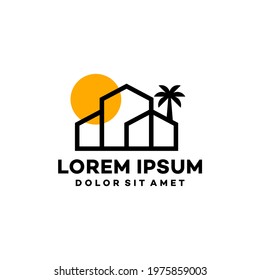 house with palm tree and sun logo vector, tropical property, beach home or hotel icon design illustration concept