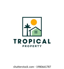 House With Palm Tree And Sun Logo Vector, Tropical Beach Home Or Hotel Icon Design Illustration