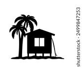 House, palm tree and surfboard icon. Black silhouette. Front side view. Vector simple flat graphic illustration. Isolated object on white background. Isolate.