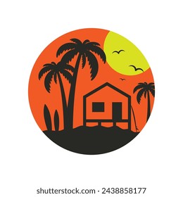 House, palm tree and surfboard icon. Colored silhouette. Front side view. Vector simple flat graphic illustration. Isolated object on a white background. Isolate.