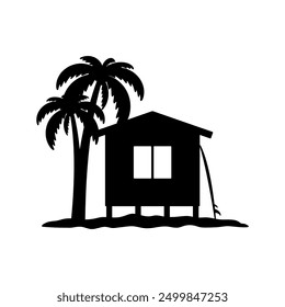 Casa, palmera e icono de tabla de surf. Silueta negra. Vista frontal lateral. Vector simple ilustración gráfica plana. Objeto aislado sobre fondo blanco. Aislar.