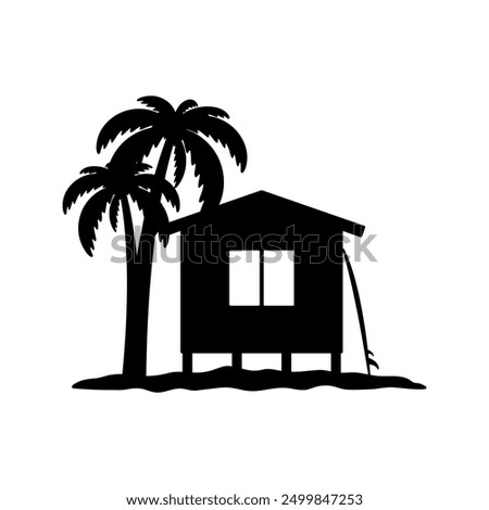 House, palm tree and surfboard icon. Black silhouette. Front side view. Vector simple flat graphic illustration. Isolated object on white background. Isolate.