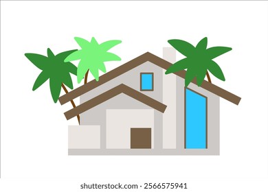 House and palm trees, villa. Vector simple color flat illustration.