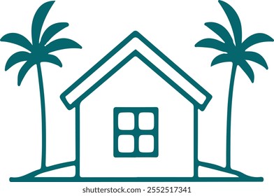 Casa con palmas aisladas icono de diseño de Ilustración vectorial línea verde y azul