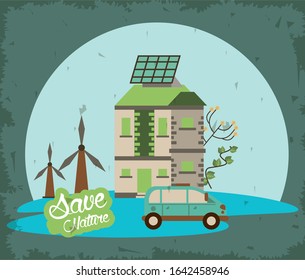 house with panel solar and car vector illustration design
