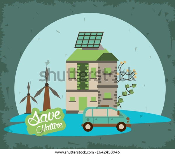house\
with panel solar and car vector illustration\
design