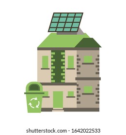 house with panel solar and waste bin vector illustration design