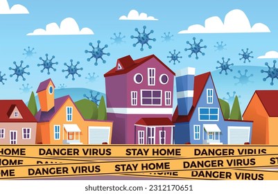House Panorama with Corona Covid 19 Virus Objects and Police Line Virus Stay at Home