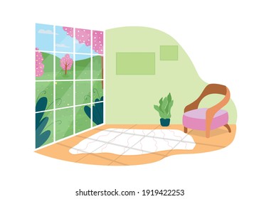 House with panoramic view on park 2D vector web banner, poster. Living room with large window flat scene on cartoon background. Spring season. Cosy modern home printable patch, colorful web element