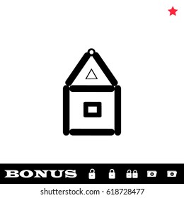 House of paper cards icon flat. Black pictogram on white background. Vector illustration symbol and bonus button open and closed lock, folder, star