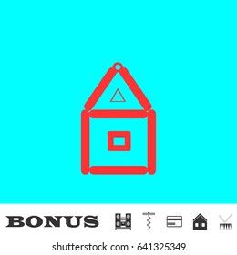 House of paper cards icon flat. Red pictogram on blue background. Vector illustration symbol and bonus buttons Music center, corkscrew, credit card, house, drum