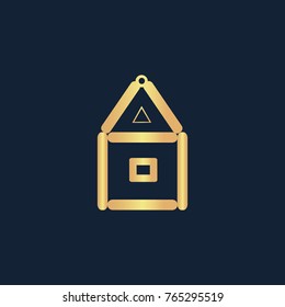 House of paper cards icon flat. Simple gold pictogram on dark background. Vector illustration symbol