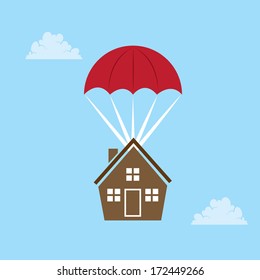 House parachuting from the sky 