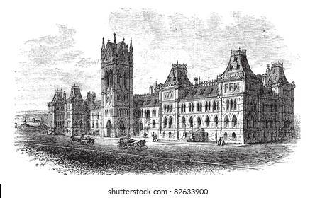 House of Parliament, Ottawa, Ontario, Canada, vintage engraved illustration. Trousset encyclopedia (1886 - 1891).