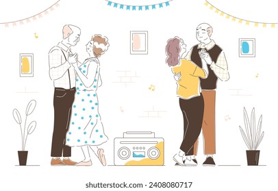 House party doodle concept. Elderly man and woman dancing indoor. Grandfather and grandmother dancing together. Poster or banner. Linear flat vector illustration isolated on white background