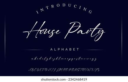 House Party Hand drawn vector alphabet. Modern monoline signature script font. Elegant Signature Font. Best Alphabet Beautiful Calligraphy Signature Font lettering handwritten