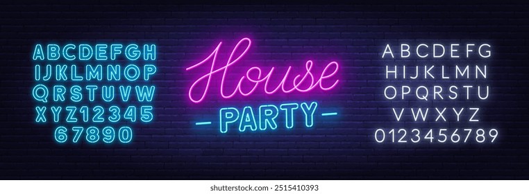 House Party neon texto sobre fundo de parede de tijolos.