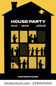 House Party Poster with Silhouette House and Lit Windows