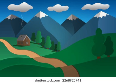 House and path. Mountain landscape. Blue skies, cloudy. Vector illustration. Vignetting. Far from the bustle of the city. Breathe pure oxygen. Picturesque mountain valley. Green hills. Holiday cottage