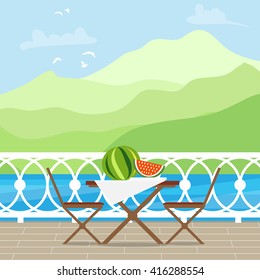 House Patio With Garden Chairs and Table on the terrace balcony. View over the lake.  Mountain landscape. Picnic with watermelon. Flat style vector illustration. 