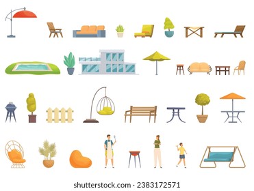 House with patio icons set cartoon vector. Wooden terrace house. Nature small armchair