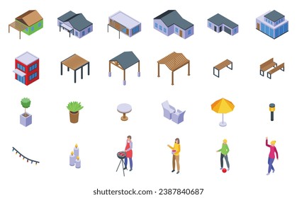 House with patio icons set isometric vector. Wooden terrace. House summer nature