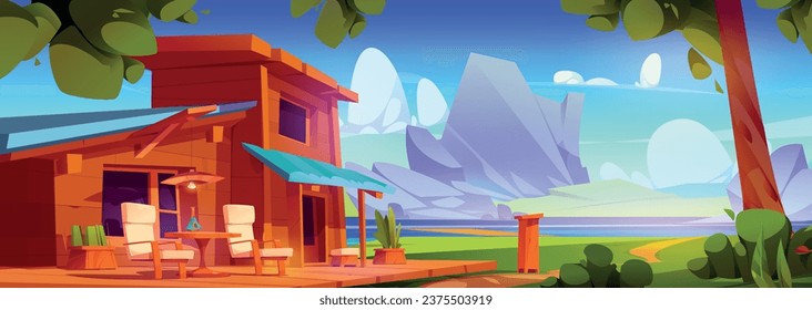 House with patio near mountain lake. Vector cartoon illustration of wooden building with garden furniture on terrace, wine bottle on table, forest trees, footpath to river, sunny blue sky with clouds