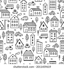 Patrón de casa. Estilo de esbozo Doodle de fondo ininterrumpido. Hand hacia casa con ilustración vectorial de techo para textura, impresión.