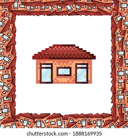 House pattern frame. Picture frame vector. House pixel art. House photo frame pixel art.