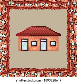 House pattern frame. Picture frame vector. House pixel art. House photo frame pixel art.