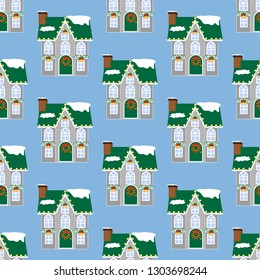 House pattern on the blue background. Vector illustration