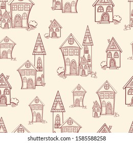 house pattern stroke contour monochrome seamless texture baby wallpaper doodle vector illustration background