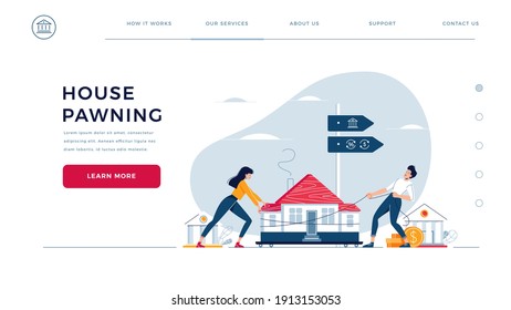 House pawning homepage template. Co-borrowers drag a home to the bank for mortgage refinancing with getting cash out. Property refinance, re-mortgage vector illustration. Modern flat cartoon design