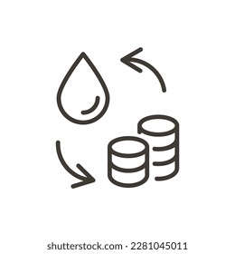 house payment for water. Vector thin line icon illustration with water drop, arrows and coins. Water bill