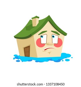 House pee flooded isolated. Crying Home Cartoon Style Vector
