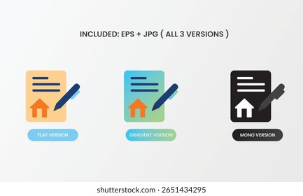 Morar com caneta em um ícone de documento, simbolizando contratos imobiliários, contratos de vendas ou documentos de propriedade legal. Disponível nos estilos mono, plano e gradiente.