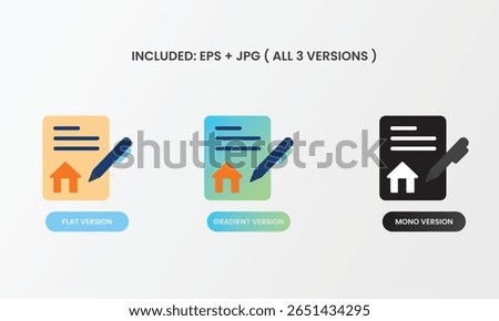 House with pen on a document icon, symbolizing real estate agreements, sales contracts, or legal property papers. Available in mono, flat, and gradient styles.