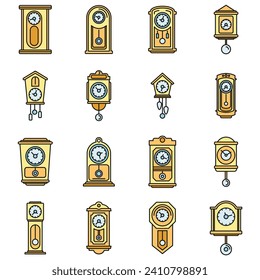 Iconos del reloj del péndulo de la casa. Contorno conjunto de iconos vectoriales del péndulo de casa color de línea delgada plano sobre blanco