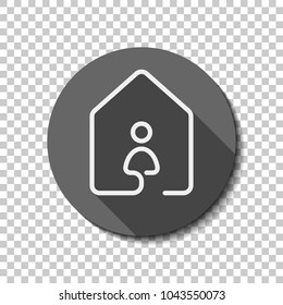 house with people icon. line style. White flat icon with long shadow in circle on transparent background