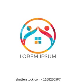 House and people logo design. House and joyful people vector logo template.