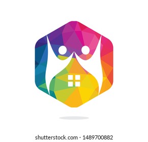 House and people logo design. House and joyful people vector logo template.